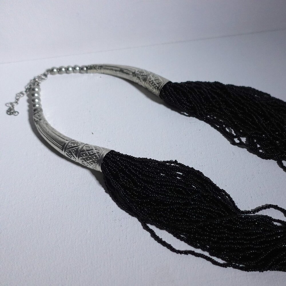 Vintage Black Beaded Necklace with Silver-Tone Accents